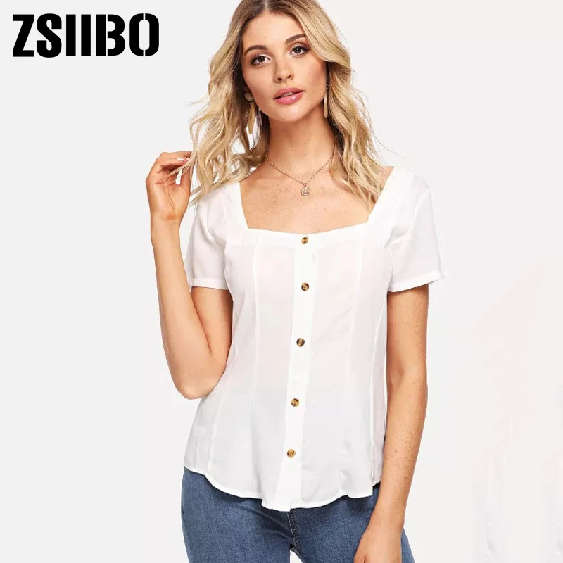 

Sexy milkmaid 2019 Summer ButtonWomen Blouse Casual Short Sleeve White Chiffion Shirts Plus Size Female Clothing Tuic