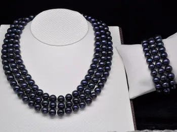 

charm Jew.656 Noble Triple strand 7-8MM black pearl necklace &bracelet set (A0513)