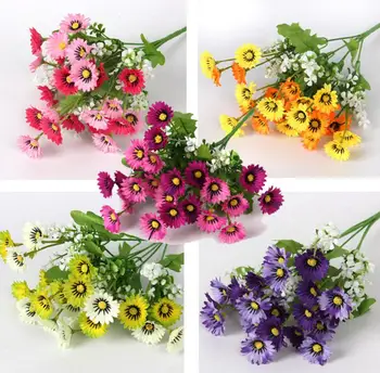 

5pcs 24heads Artificial Double Color Daisy Flowers Leaf For Wedding Bridal Bouquet Home Office Decoration