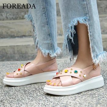 

FOREADA Women Shoes Summer Sandals Natural Genuine Leather Buckle Flat Platform Shoes Sheepskin Rivets Open Toe Sandals Female