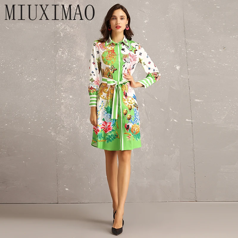 

High Quality 2019 Newest Spring Casual Style A-Line Full Sleeve Sashes Turn-down Collar Flower Print Fashion Knee-Length Dress