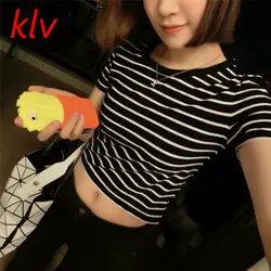 KLV 2017 Для женщин Топы корректирующие Летняя женская футболка Sexy Crop Топы корректирующие в полоску с короткими рукавами футболка тонкий