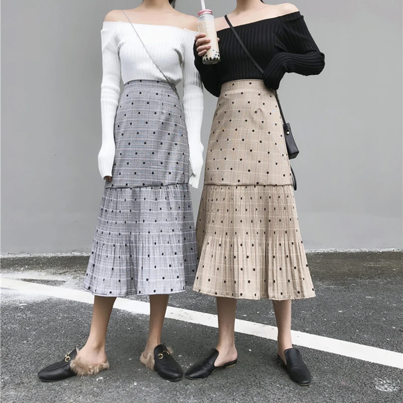 2019 Весна и лето новый стиль труба юбка модные узором в горошек плиссированные юбки высокая талия-Line