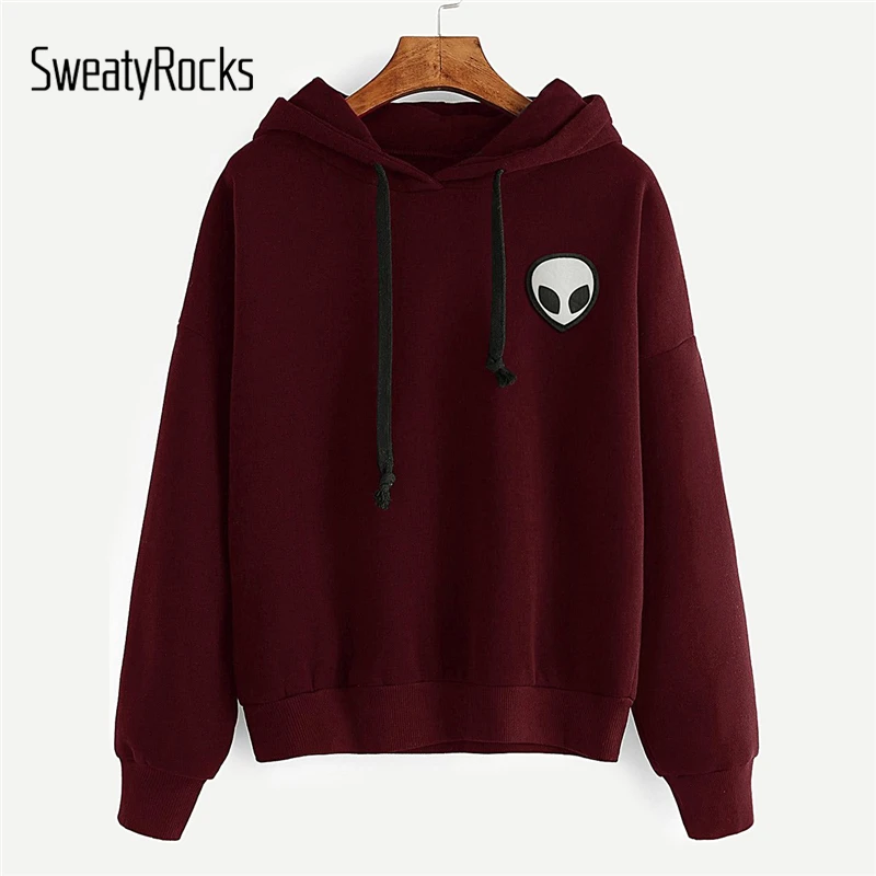  SweatyRocks Solid Casual Drop Shoulder Alien Print Hoodie Long Sleeve Pullovers 2018 Autumn Winter 