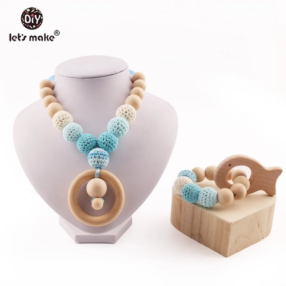 

Let's Make Baby Teether 1set/2pc Feeding Necklace Crochet Beads Fish Wood Ring Wooden Animals Teether Teething Toys Accessories