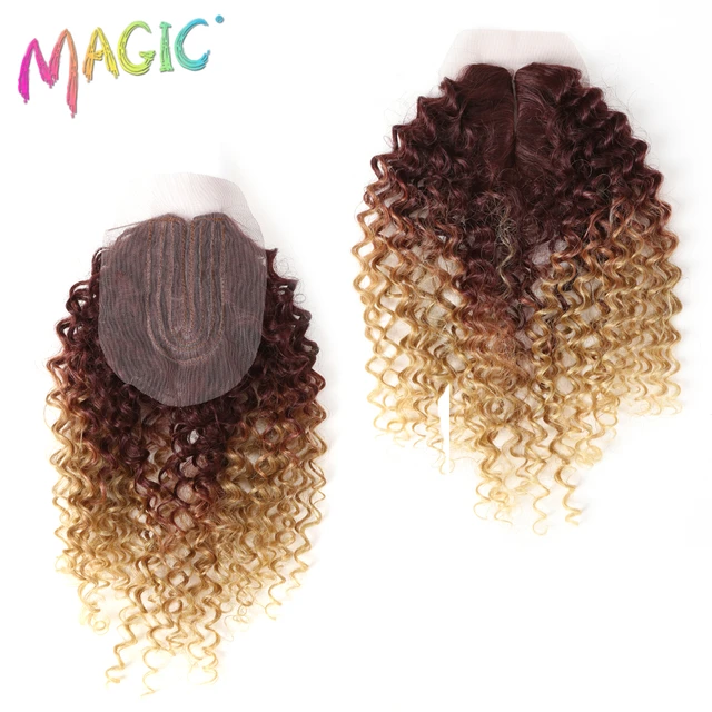 Syntetyczne Afro Kinky kręcone włosy blond 16-20Inch 7 sztuk/lot syntetyczne przedłużanie włosów 6Pieces z zamknięciem koronki dla czarnych kobiet -