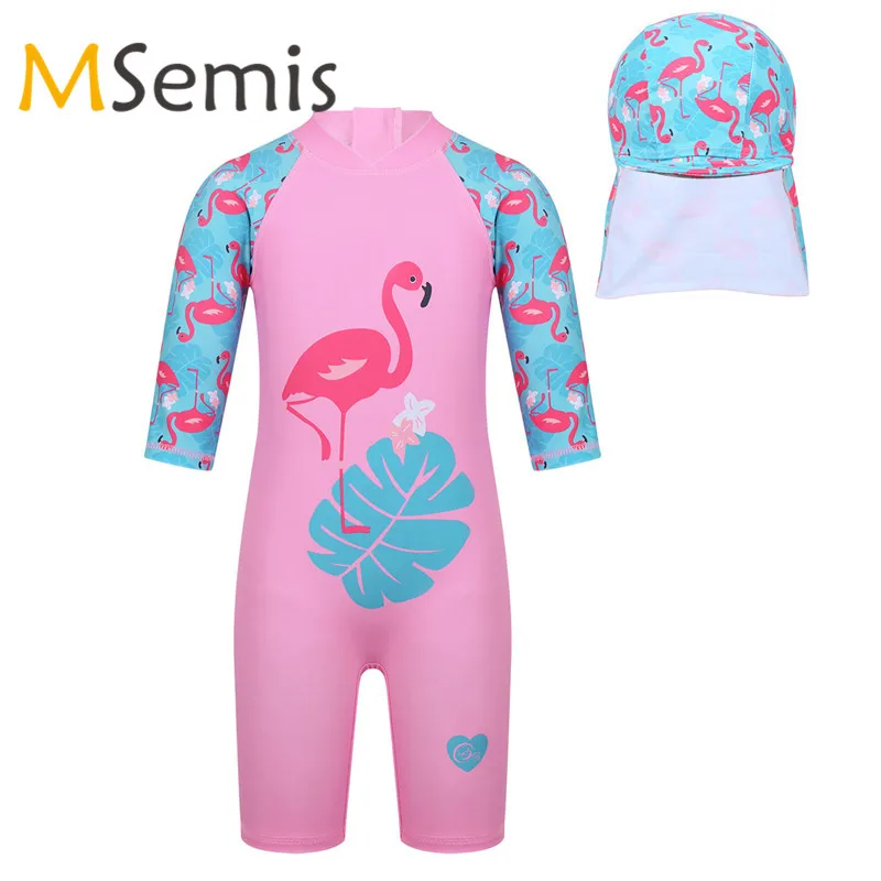 

Kids Girls Swimwear One-piece Swimsuit Half Sleeves With Swimming Cap Pattern Printed Swimsuit Rash Guard Beach Bathing Suit