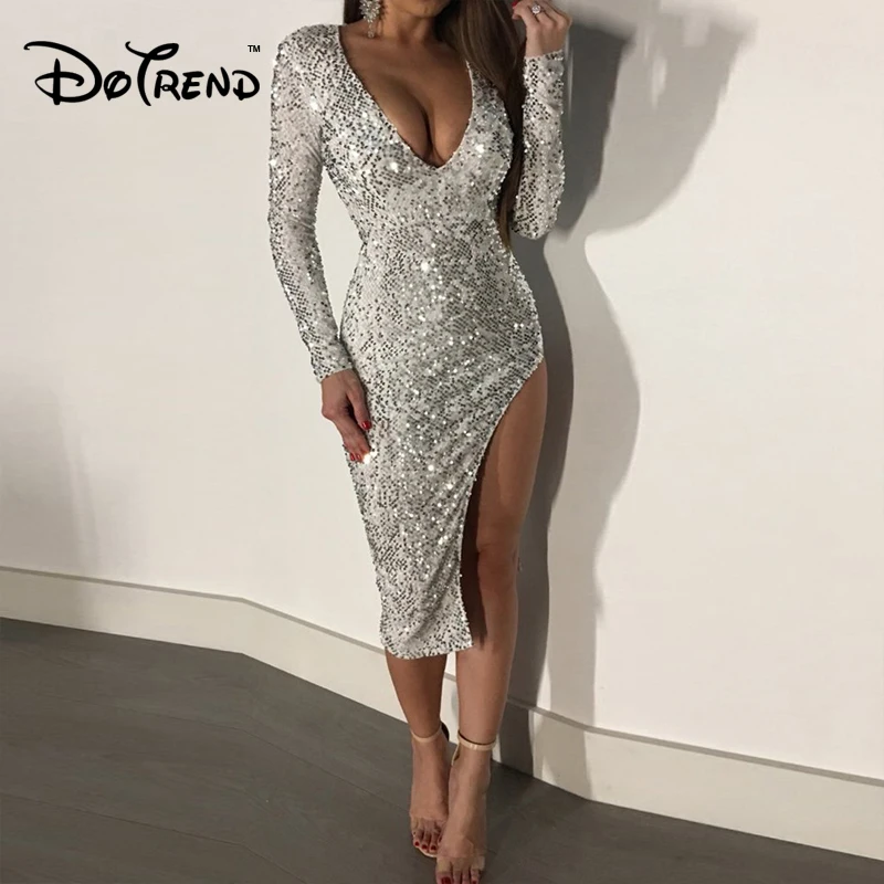 

Elegant Women Party Dress Deep V-neck Fashion Glitter Long Sleeve Autumn Winter Dress Sequins Nightwear High Split Sheath Dress