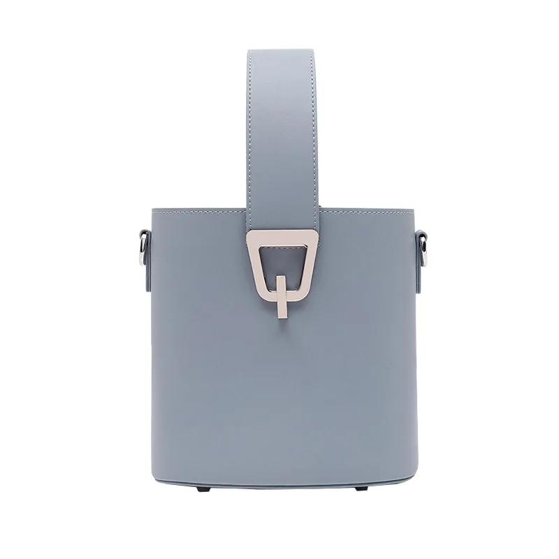 

2019 summer new style round portable solid color medium bucket bag messenger bag leather hand bag