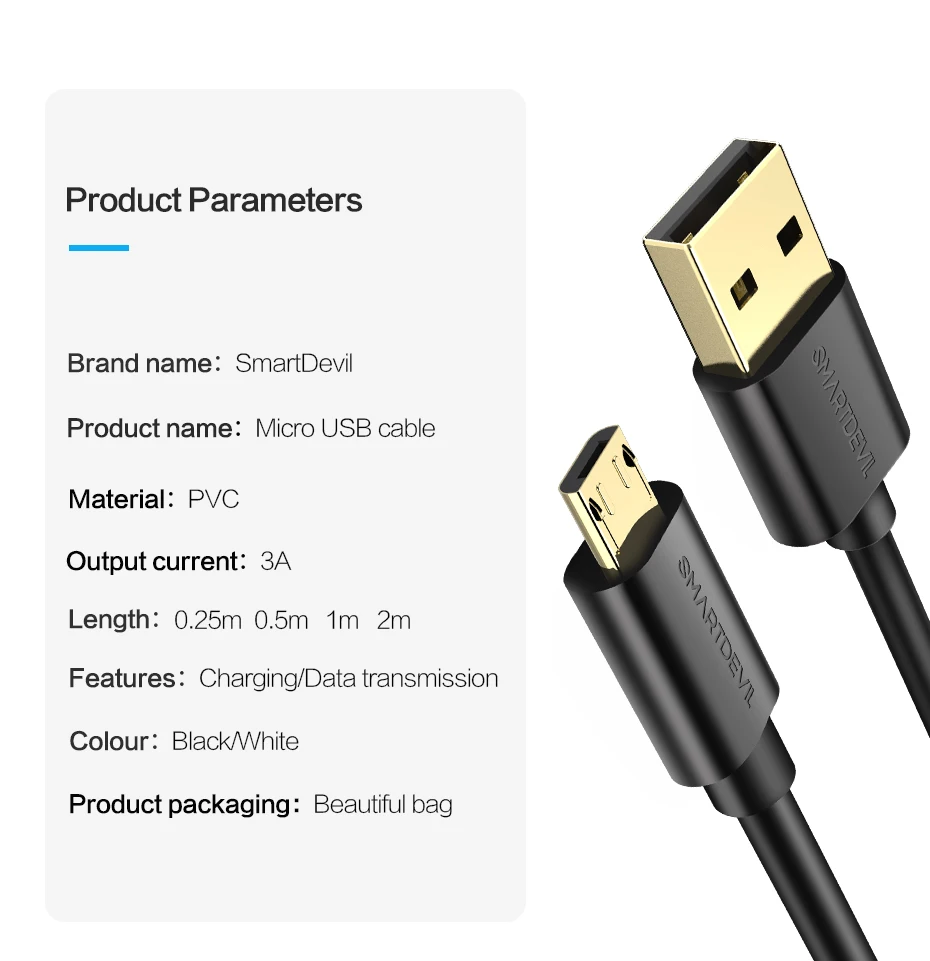 SmartDevil Micro USB кабель для быстрой зарядки и передачи данных usb кабель Универсальный Для samsung Xiaomi планшет Android, телефон Кабель-адаптер 3A