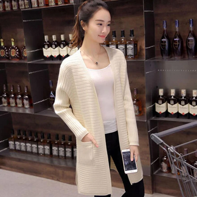 Осень и зима корейский большой размер женский свободный тонкий свитер кардиган сплошной цвет длинный свитер LY1027