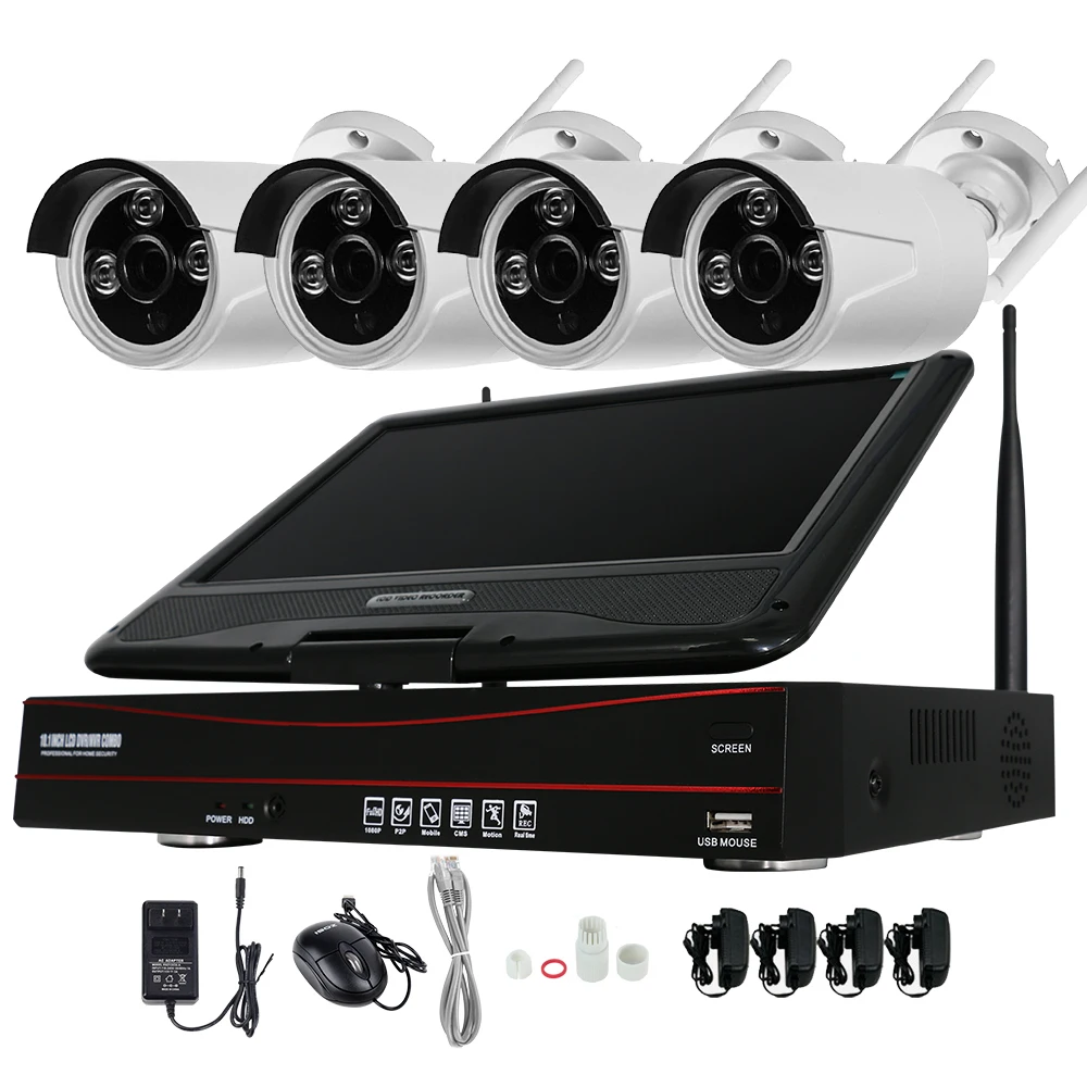 10 Inch Displayer 4CH 720P Wireless CCTV System Wireless NVR IP Camera IR-CUT Bullet Home Security System CCTV Kit Hiseeu