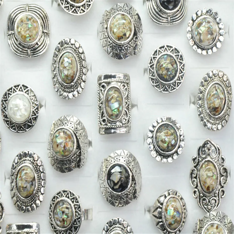 10 шт./лот, богемные тибетские украшения, каменные кольца для женщин, дизайн, цыганские винтажные посеребренные Бохо кольца ракушки