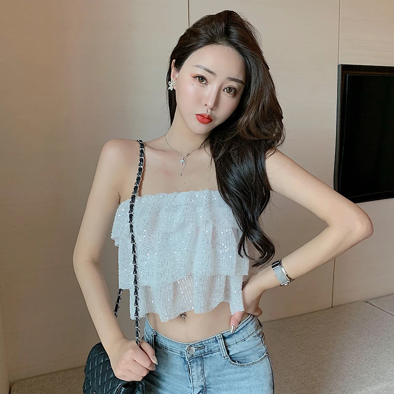 

sexy Women's Clothing off shoulder Blouses summer sequined strapless shirts crop top ruffles woman tops blusas mujer de moda new