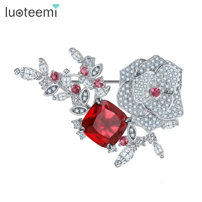 

LUOTEEMI New Arrival On Sale Statement Brooches for Women Fashion Apparel Dress Big Red CZ Crystal Rose Flower Jewelry
