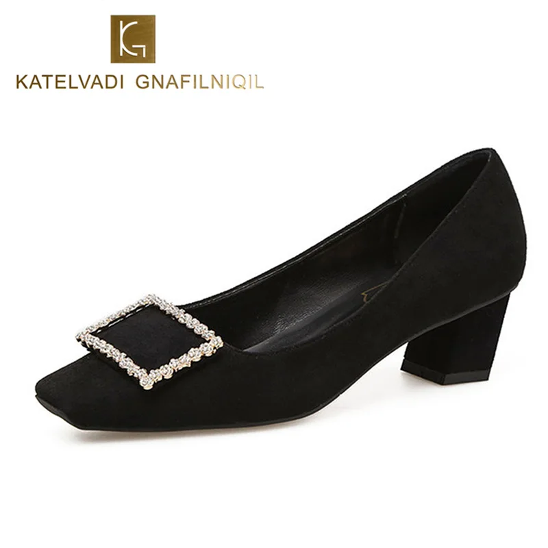 

Sexy Office Lady Work Shoes Woman Square Toe Autumn Shoes Black Women Pumps Med Heels Rhinestone Ladies Shoes For Women K-184