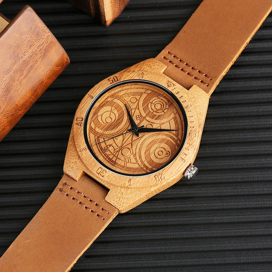 Natural Wood Watch DR.WHO Pattern Quartz Wood Watches Mens Brown Genuine Leather Handmade Bamboo Wooden Gift Clock  (11)