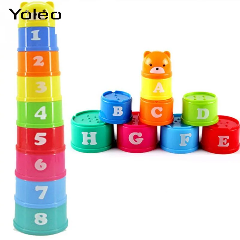 

9pcs/set Baby Children Kids Educational Toy New Building Block Figures Letters Folding Cup Pagoda Creative Baby Birthday Gift