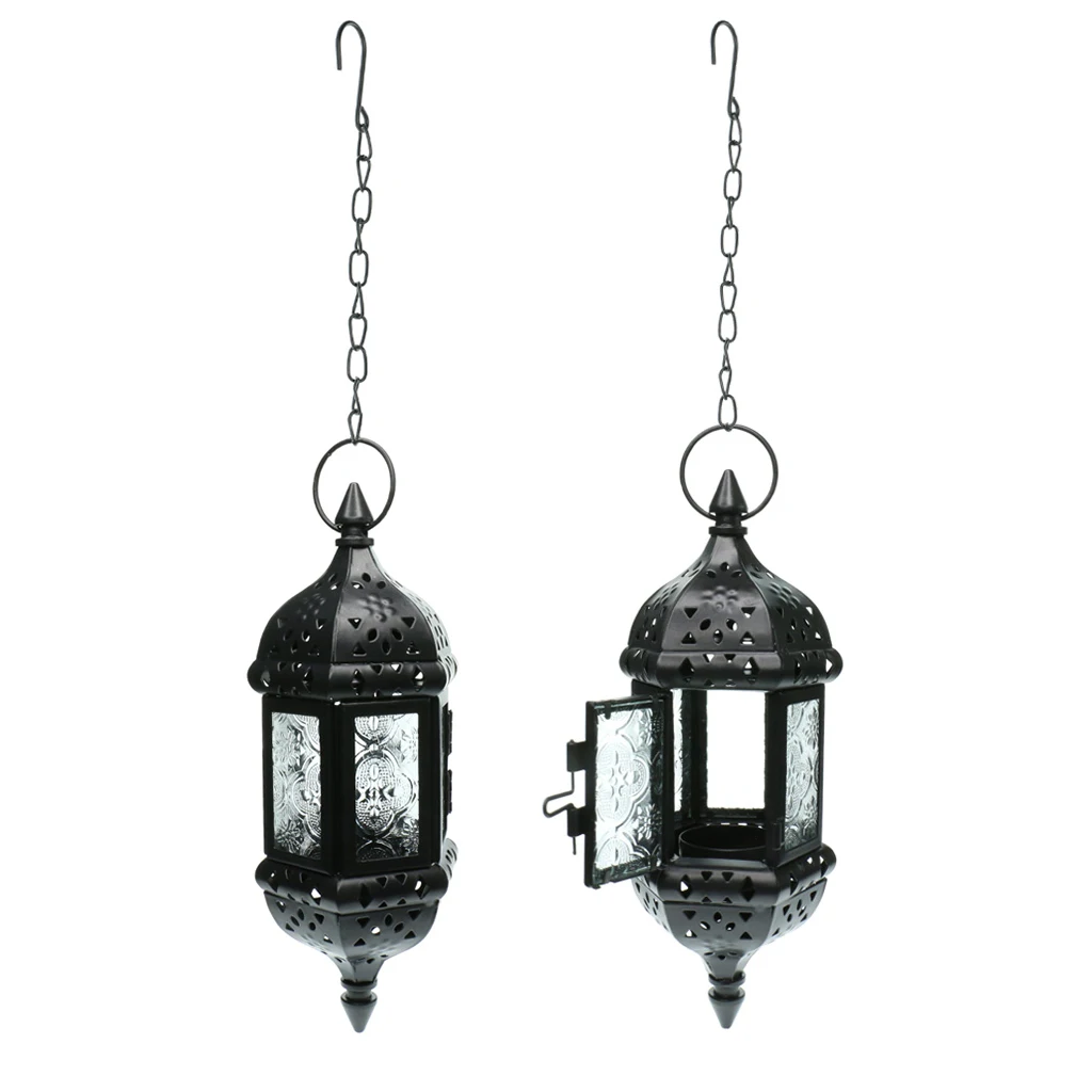 2 Pieces Iron Chain Hanging Glass Candlestick Candle Holder Lantern Lamp Black