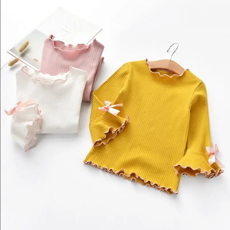 2018 Fall Spring Base Shirt Girls Shirts Kids Children Long Sleeve Ruffles Bow Girl Tops And Blouse Baby Toddler Clothes JW3373 | Детская