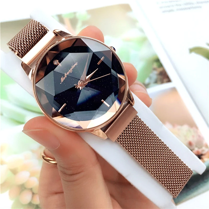 Top marque montres pour femmes or Rose maille aimant boucle étoilée montre à Quartz Surface géométrique décontracté femmes montre-bracelet à Quartz