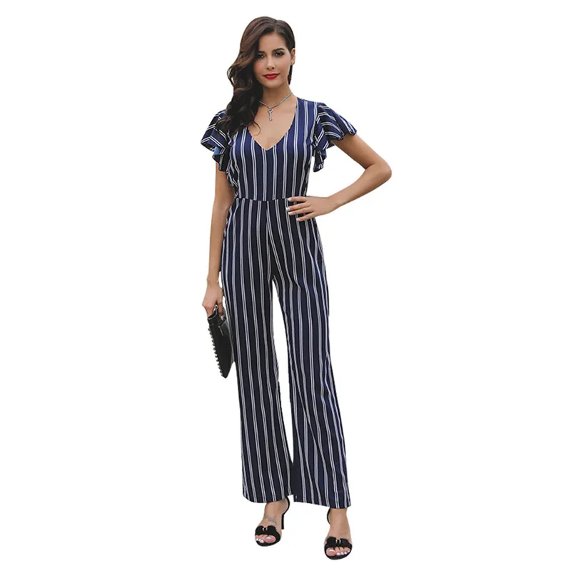 Blue and White Elegant Vertical Stripe Ruffle Detail Wrap Deep V Neck