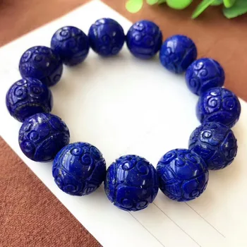 

19mm Genuine Natural Royal Blue Lapis Lazuli Gemstone Crystal Stretch Craved Round Bead Bracelet AAAAA