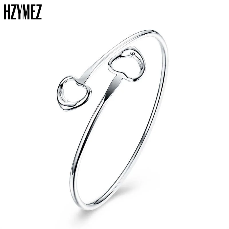 HZYMEZ Fashion Double Love Heart Bangle Metal Open End Cuff Bracelets &amp Bangles Silver Color Plated Jewelry For Women Jewelery |