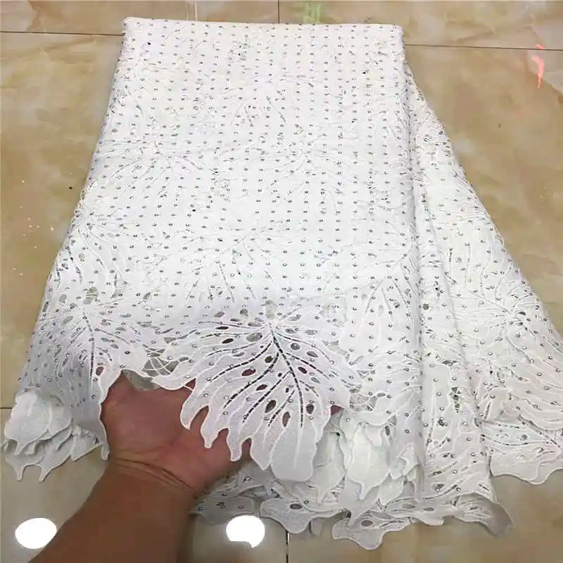 

African Lace With Stones 2019 High Quality Cord Lace Embroidery Fabric Nigerian Wedding Guipure Lace Fabrics in White NLY47-5