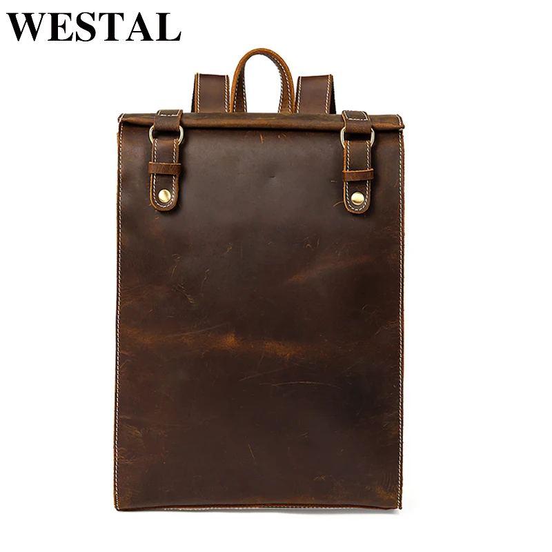 

WESTAL Vintage Crazy Horse Leather Schoolbag Backpack Male Computer Rucksack Men Portable Backpack Man Travel Daypack 2512