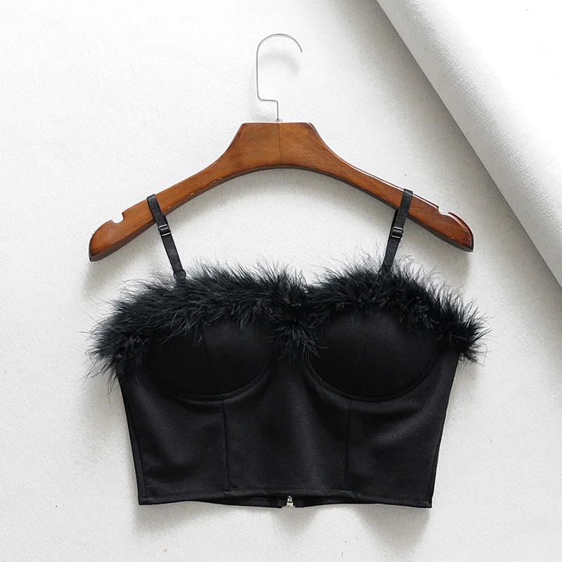 2019 women sexy faux fur Patchwork crop top V neck sleeveless back zipper camisole tank top short style female tops