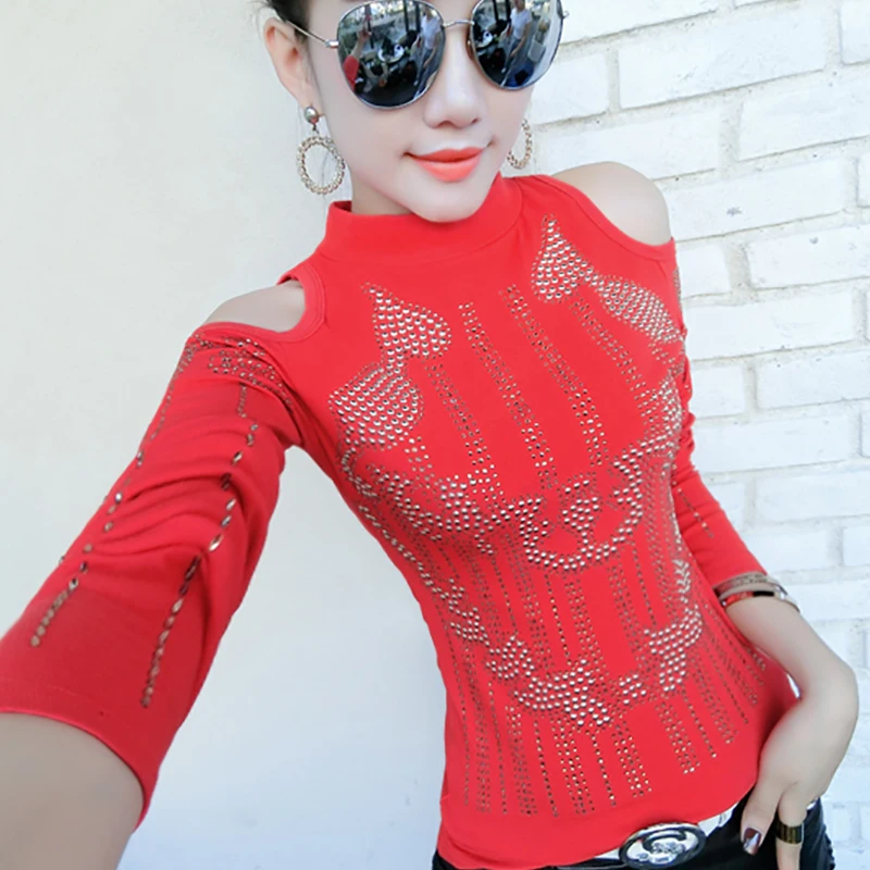 

T-shirts female Rhinestone Punk Rock autumn tops women's diamond tshirt tees Poleras Mujer 2019 t shirt Vetement Femme Clothes