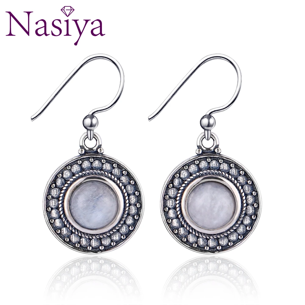 

Ethnic Style Natural Round Moonstone 925 Sterling Silver Earrings For Women Vintage Jewelry Engagement Party Anniversary Gift