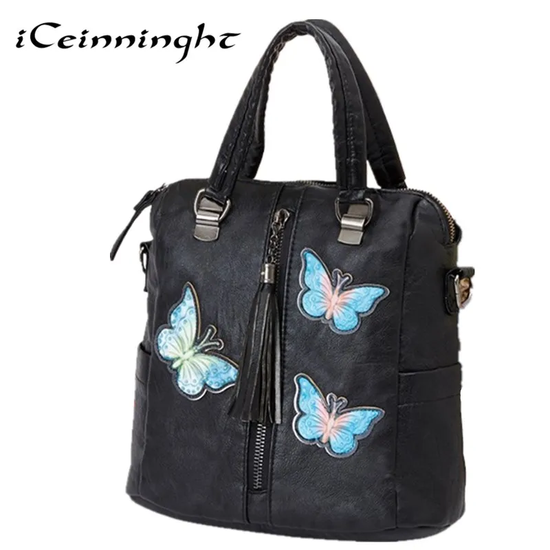 

iCeinnight Fashion Butterfly Ladies Hand Bag Women's PU Leather Handbag Black Leather Tote Bag Bolsas Female Shoulder Bag Winter