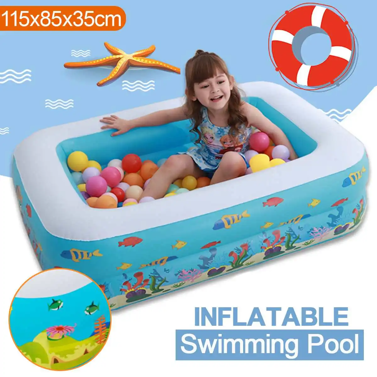 

Kid Baby's Bathtub Baby Swimming Pool Cartoon Underwater World Pattern Printed Inflatable Aerated Square Newborn's Swimming Pool