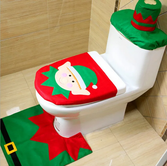 1 Sets Christmas Decorations Xmas Toilet Seat Cover And Rug Washroom Set Decorative Covers
