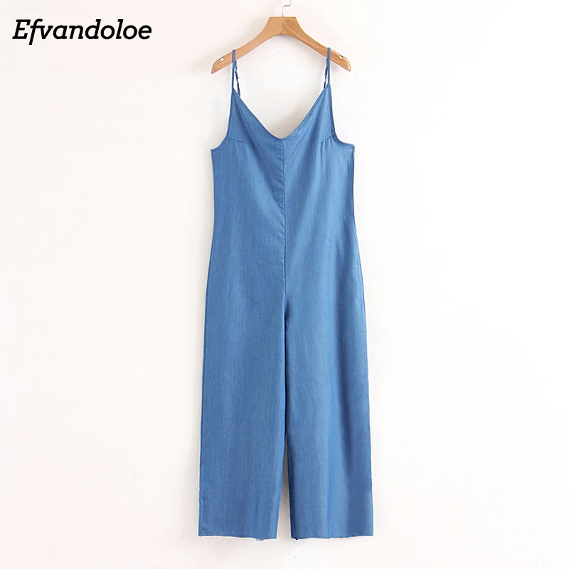

Efvandoloe Blue V-Neck Jumpsuit Casual Loose Jumpsuits For Women 2018 salopette Rompers mulheres