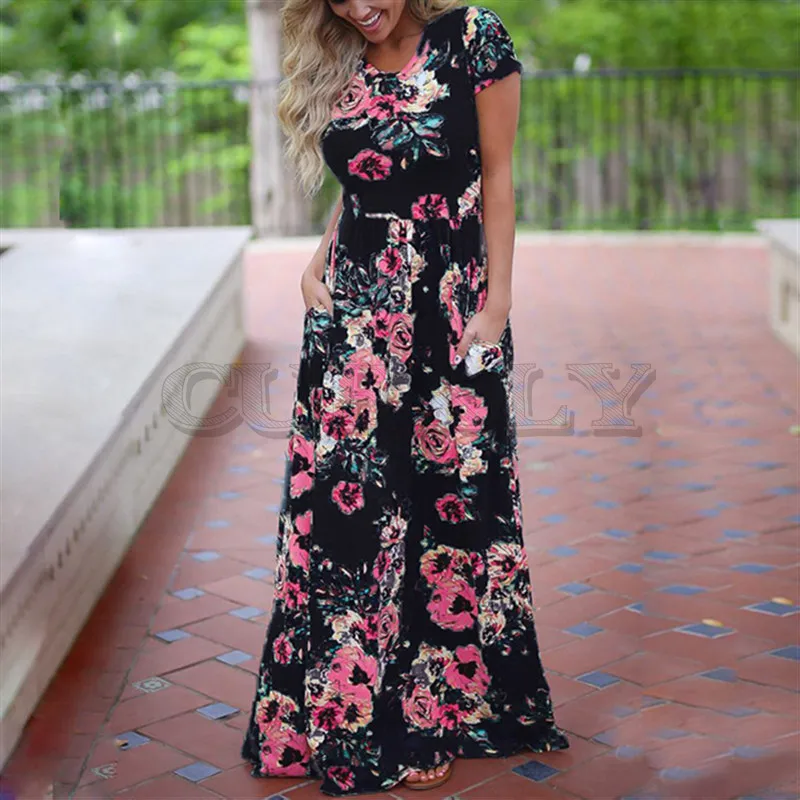 Image Women Long Maxi Dress 2019 Summer Floral Print Boho Beach Dress Short Sleeve Evening Party Dress Tunic CUERLY Plus Size XXXL
