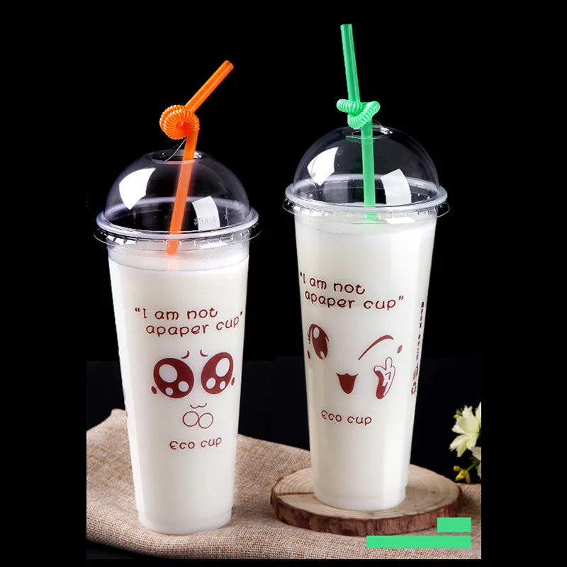 

50pcs 450 500ml thick disposable milk tea cup transparent fun pattern plastic cup party favor juice drink cup with lids
