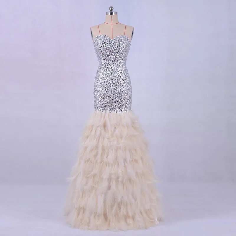 

LORIE Designer Luxury Feather Evening Dress 2017 Sweetheart Mermaid Real Beaded Crystal Prom Dress Special Occasion Party Dress