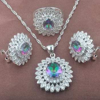 

Elegant Flower Design Multicolor Rainbow Zirconia Jewelry Set For Women Weedding Silver Color Jewelry Sets TZ0578