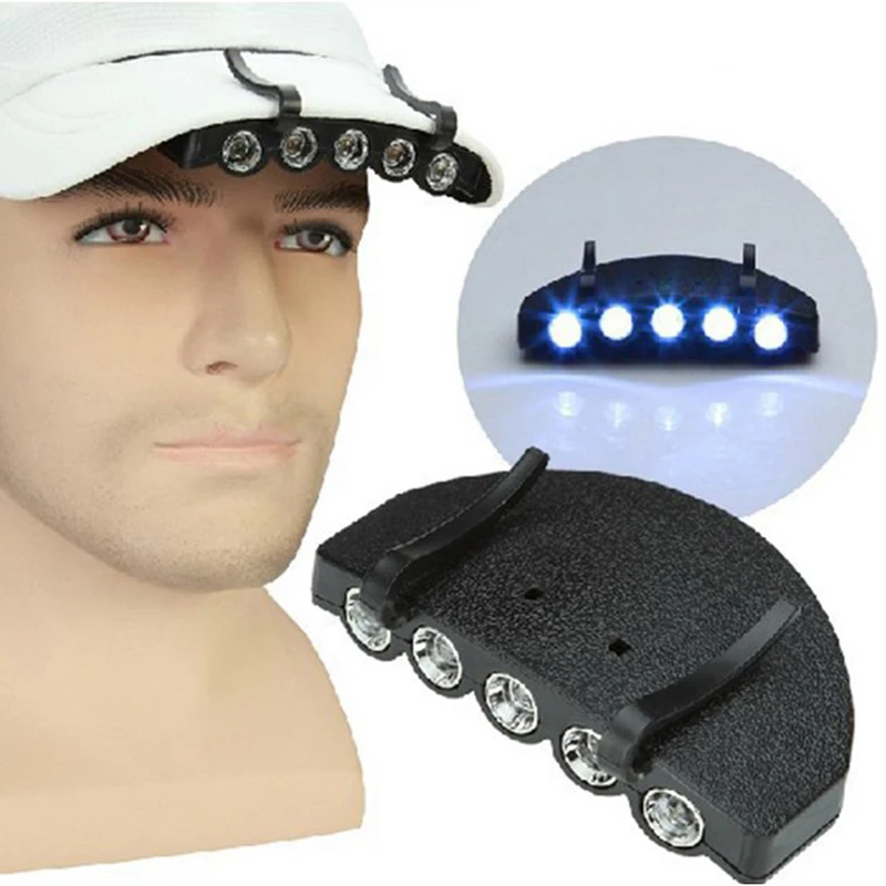 1PC Night Safe Clip-on 5 Leds Head Cap/Hat Brim Light Fishing Camp Hunting Outdoor Lighting Head Lamp Torch