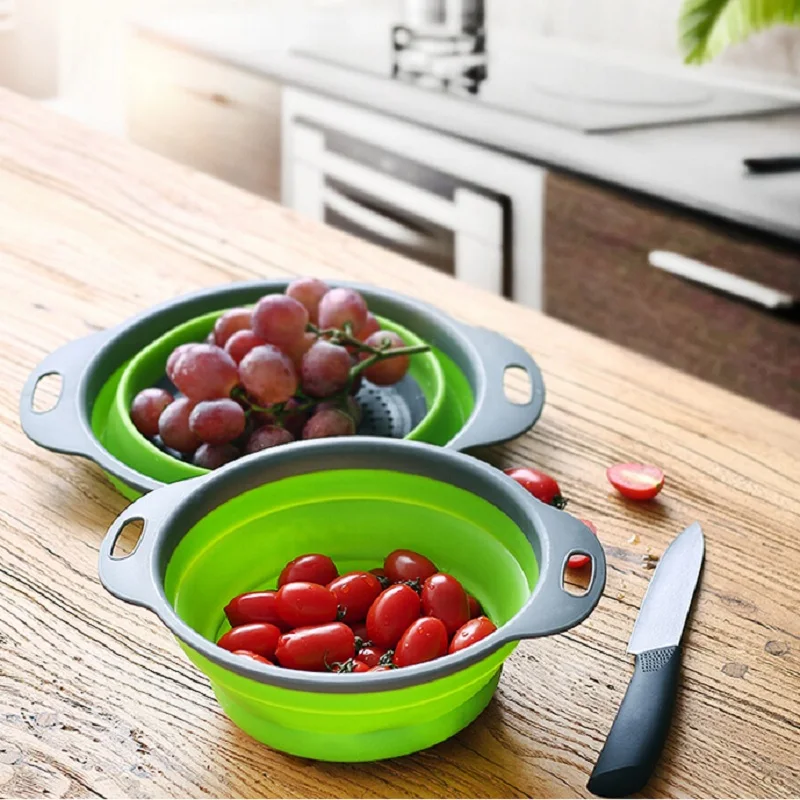 

2pcs Silicone Collapsible Colander Vegetable Fruit Water Drainage Cleaning Storage Basket Folding Kitchen Washing Strainer