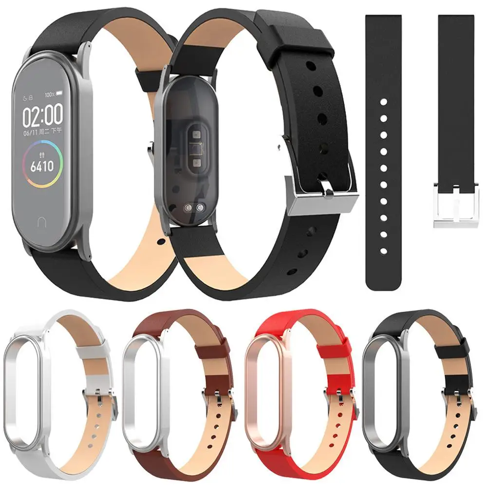 Ремешок сменный кожаный для Xiaomi Mi Band 4 + металлический корпус|Ремешки часов| |
