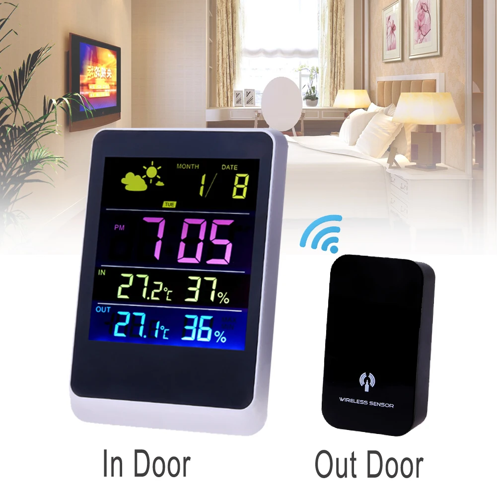 

Wireless Weather Station Colorful LED Temperature Clock Thermometer Humidity Meter LED Multi-functional Weather Station