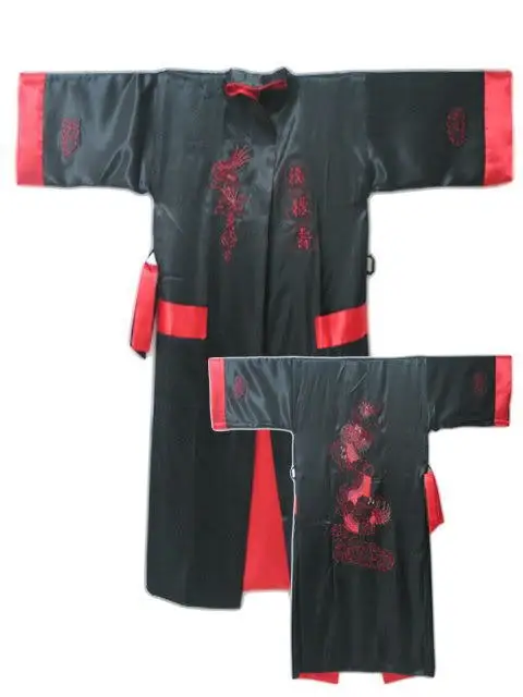 Черный, красный Реверсивный Двуликий китайских Для мужчин шелковый атлас халат кимоно вышивка Ванна платье Дракон S0004