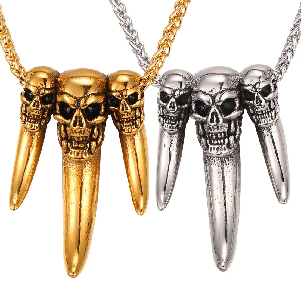 Gold Color Skull Spike Pendant Necklace For Men Gift Wholesale Punk Hip