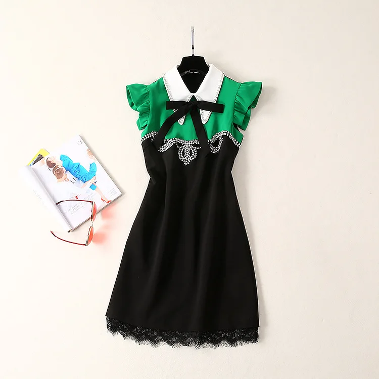 

Top Fashion Designer Runway Dress High Quality Women's Summer Bowknot Luxury Diamonds Ruffles Color Block Beading Sweet Dress