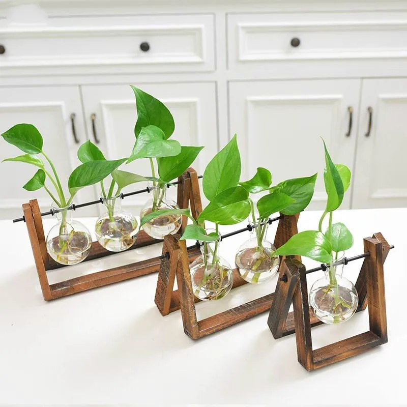

Creative Wooden Frame Glass Container Hydroponic Plant Flower Pot Table Vase DIY Home Office Wedding Decoration