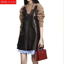 HOT Free shipping 2016 new summer fashion women high quality black fungus lace lace straps suede sexy V-neck dress